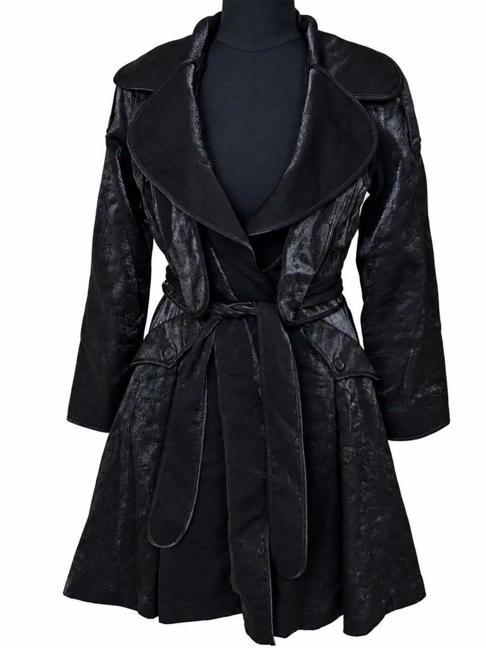 Nelli By Janice Jaraicie Black Shimmer Trench Coat Belted Pleated Y2K Women’s S